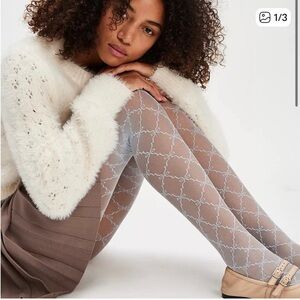 Free People NWT Light Blue lace / sheer bow Patterned tights one size
